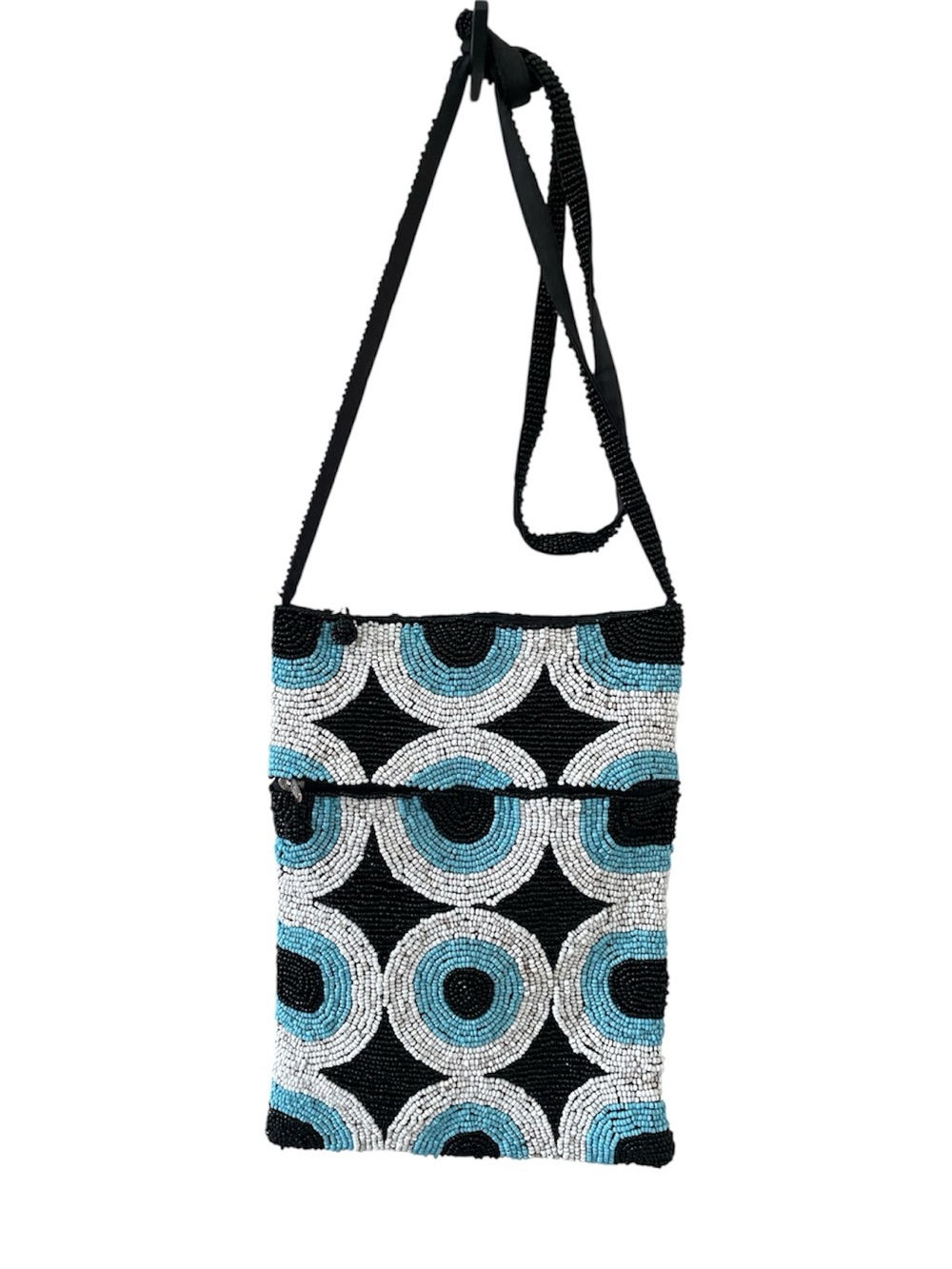 Vintage Hand Beaded Black White Turquoise Seed Bead Crossbody Bag Mod Resort